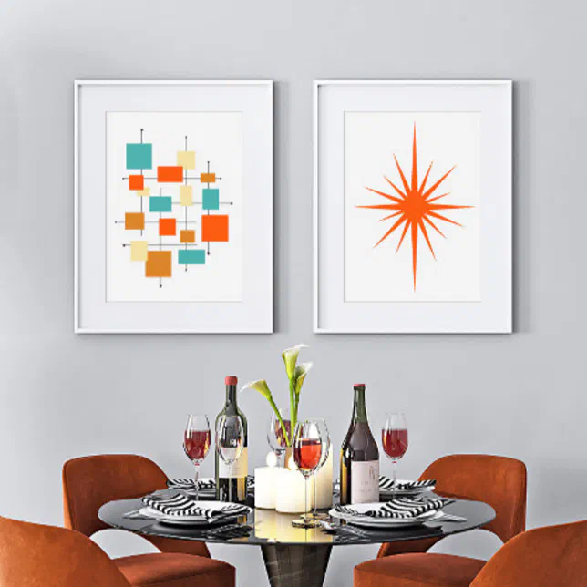Orange Abstract Squares and Starburst Mid Century Wall Art Sets | Zazzle