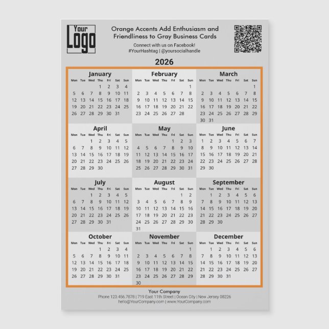Orange Accents & Logo Gray 2026 Calendar Magnet (Front)