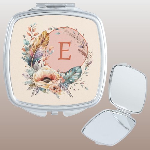 Orange add initial floral compact mirror