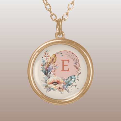 Orange add initial floral gold plated necklace