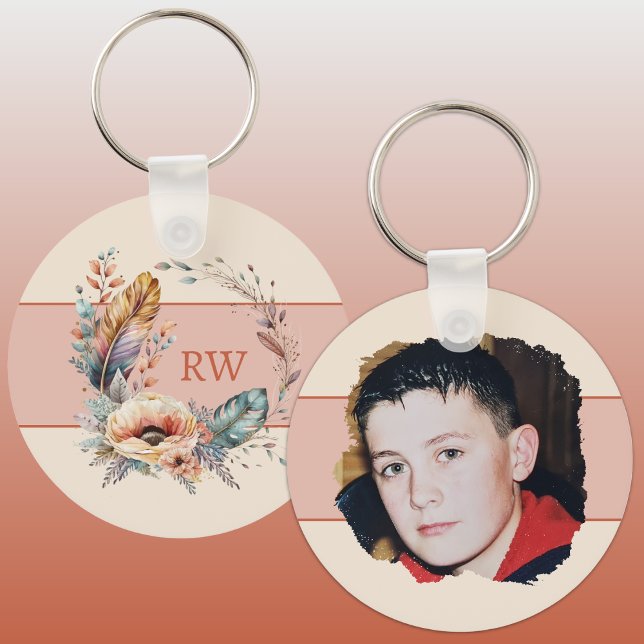 Orange add initial floral photo keychain (Creator Uploaded)