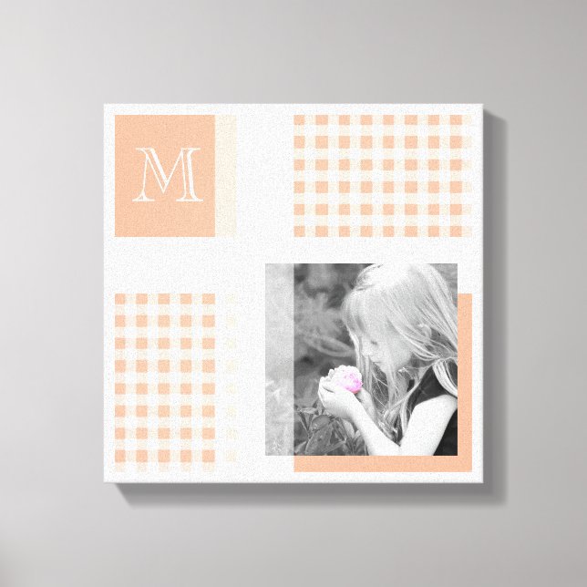 Orange Add Your Photo Gingham Modern Monogram Canvas Print (Front)