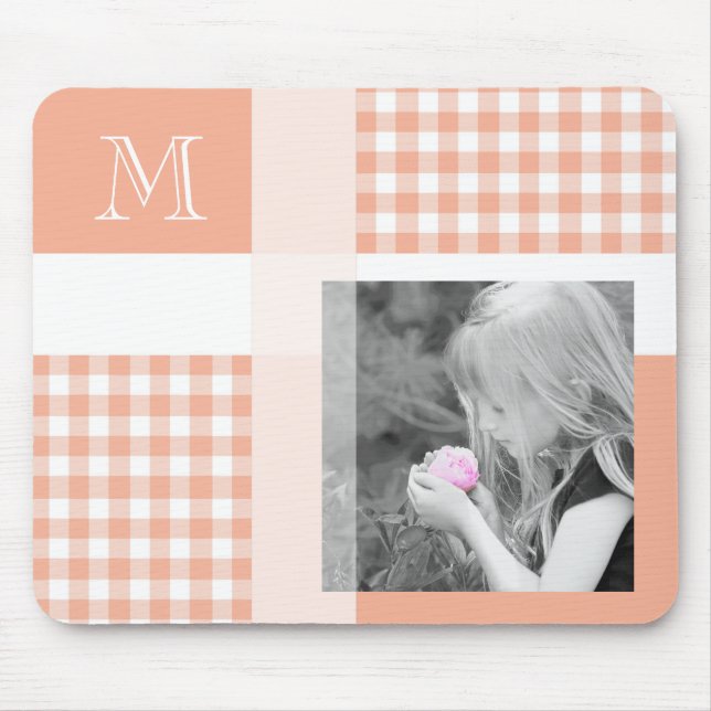 Orange Add Your Photo Gingham Modern Monogram Mouse Pad (Front)