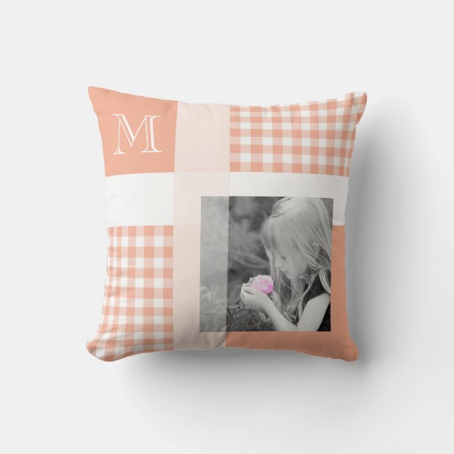 Orange Add Your Photo Gingham Modern Monogram Throw Pillow (Front)