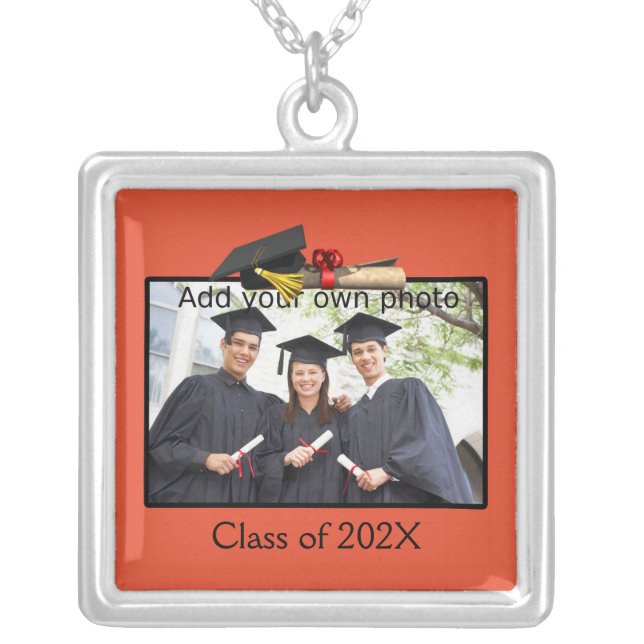 Orange Add your Photo / Year Graduation Silver Plated Necklace (Front)