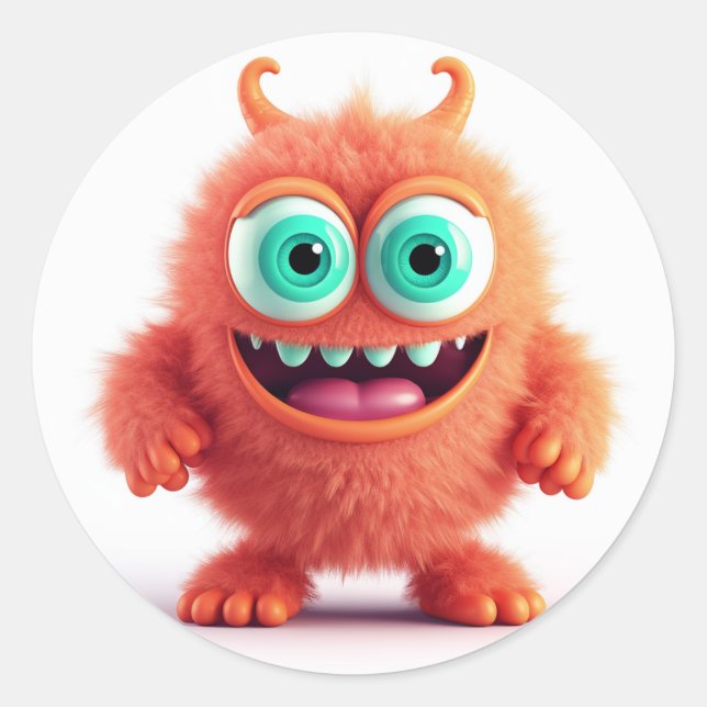 Orange Adorable Fuzzy Monster  Classic Round Sticker (Front)