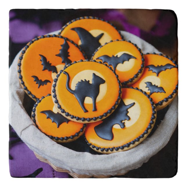 Orange aesthetic Halloween cookies with bats witch Trivet (Front)