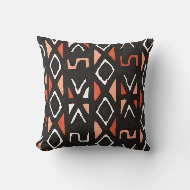 Orange African Mudcloth Tribal Print Throw Pillow (Front)