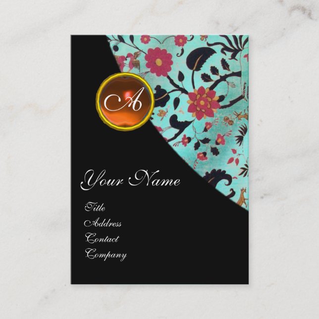 ORANGE AGATE DAMASK MONOGRAM 2 ,fuchsia,red,green Business Card (Front)