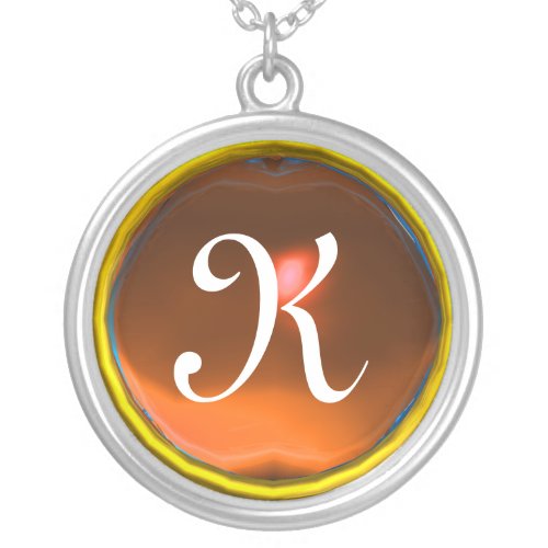 Orange Agate Gem  Monogram Silver Plated Necklace