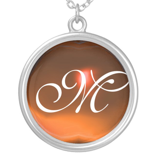 Orange Agate Gem  Monogram Silver Plated Necklace (Front)