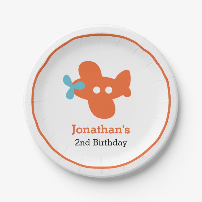Orange Airplane Boy Birthday Personalized Paper Plates (Front)