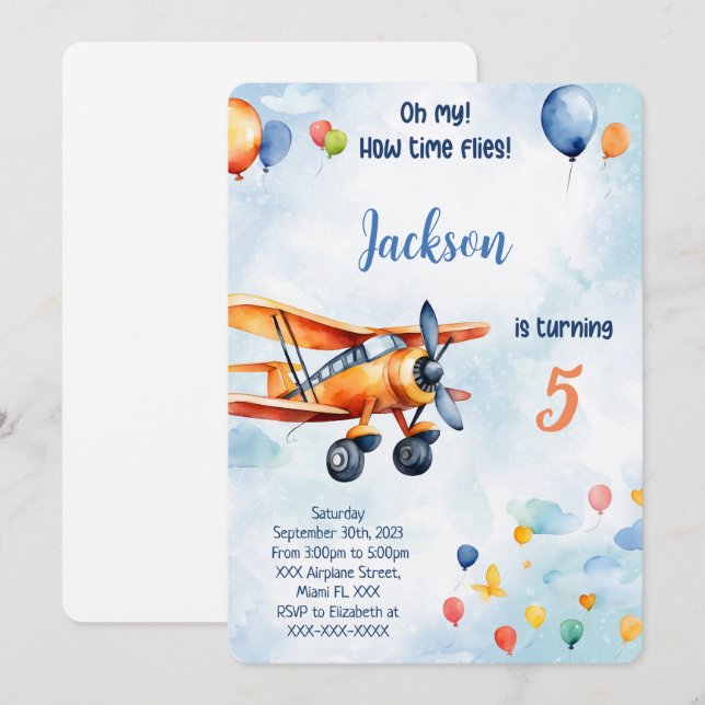 Orange Airplane Kids Birthday Party Invitation (Front/Back)