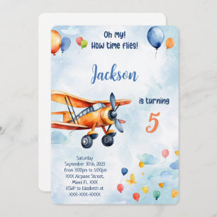 Orange Airplane Kids Birthday Party Invitation