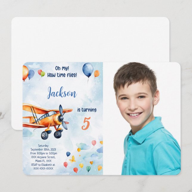 Orange Airplane Kids Birthday Party Photo Invitation (Front/Back)