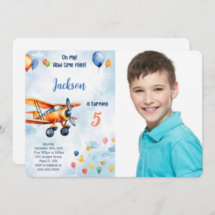 Orange Airplane Kids Birthday Party Photo Invitation