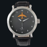 Orange Airplane Wrist Watch<br><div class="desc">Cool, sleek, Orange large airplane, airliner on black and dark gray textured background. Great gift for commercial airline pilots or kids that love aircraft! Add your name or text to personalize it! Images used on this item are licensed and © Graphics Factory.com</div>