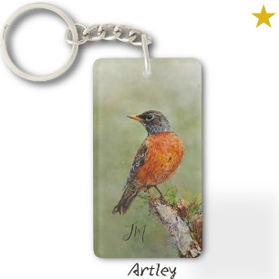 Orange American Robin Bird Painting Initials Keychain