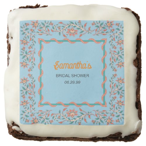 Orange and Aqua Blue Floral Bridal Shower Brownie