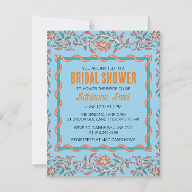 Orange and Aqua Blue Floral Bridal Shower Invitati Invitation (Front)