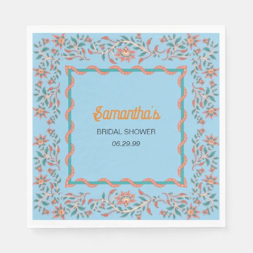 Orange and Aqua Blue Floral Bridal Shower Napkins