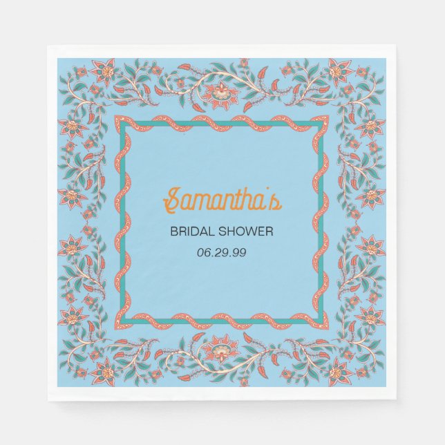 Orange and Aqua Blue Floral Bridal Shower Napkins (Front)