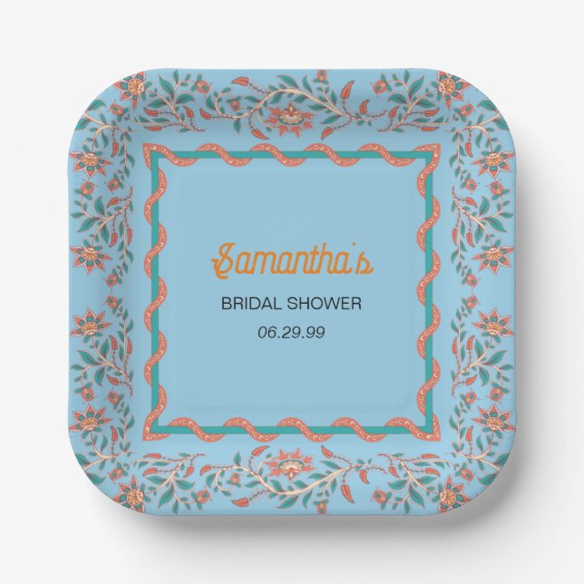 Orange and Aqua Blue Floral Bridal Shower Paper Plates (Front)