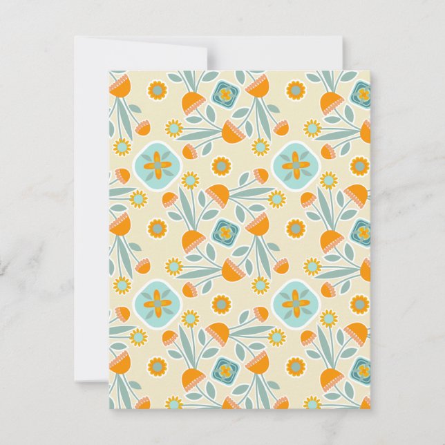 Orange and Aqua Folk Art Flower Bouquet Note Card (Front)