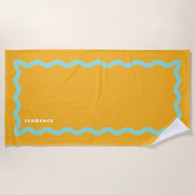 Orange and Aqua Squiggle with Text Beach Towel (Front)