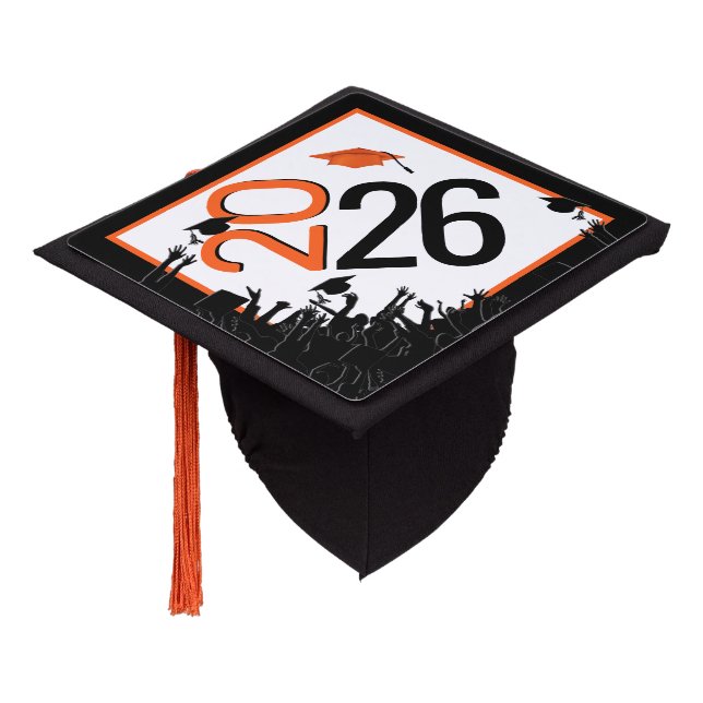 Orange and Black 2026 Graduation Cap Topper (Angled)