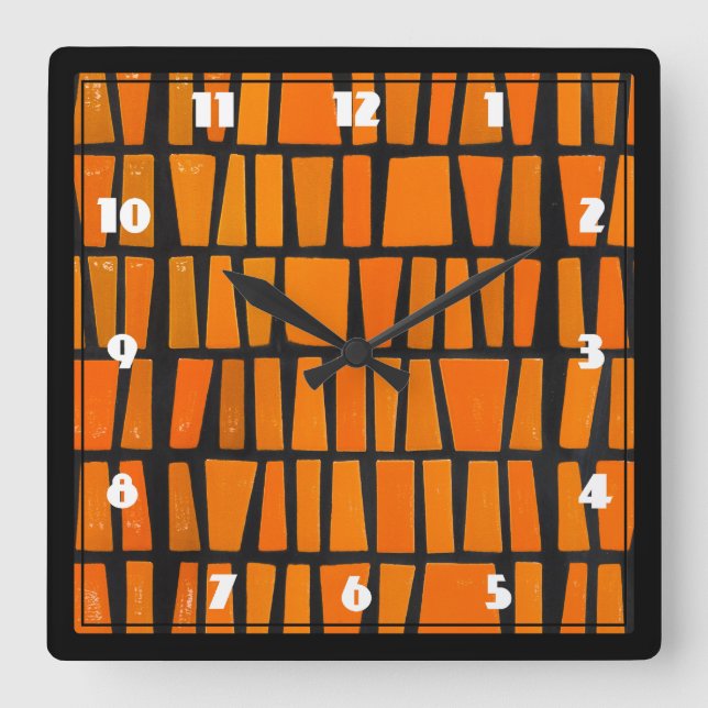Orange and black african tribal pattern square wall clock (Front)