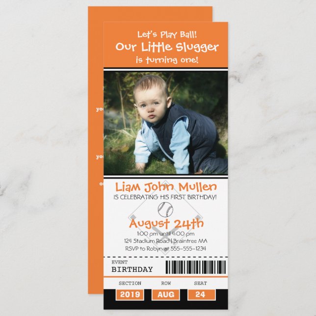 Orange and Black Baseball Birthday Ticket Invitation (Front/Back)