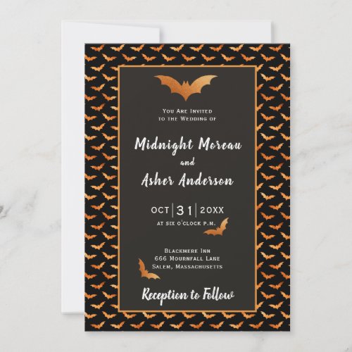 Orange and Black Bat Halloween Wedding Invitation