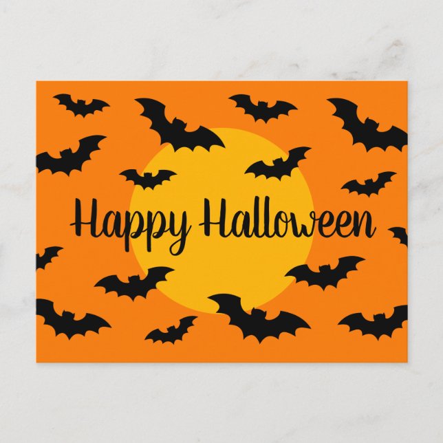 Orange and black bats Happy Halloween postcards (Front)