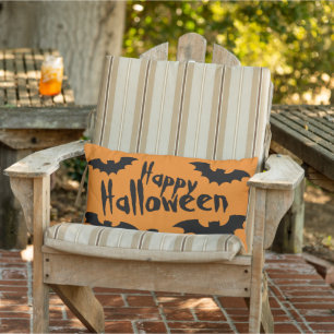 Orange and black bats outdoor Halloween pillow