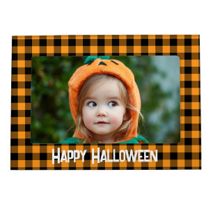 Orange and Black Buffalo Check Happy Halloween Magnetic Frame