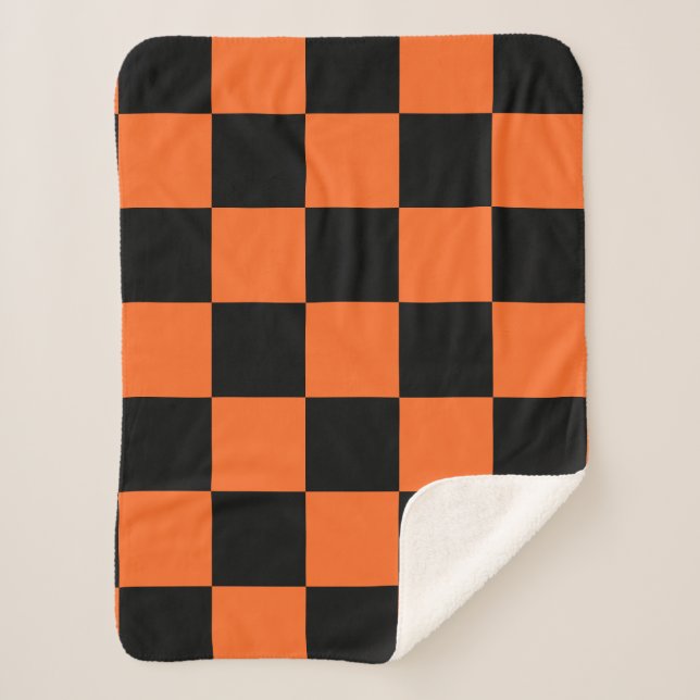 Orange and Black Buffalo Check Plaid Sherpa Blanket (Front)