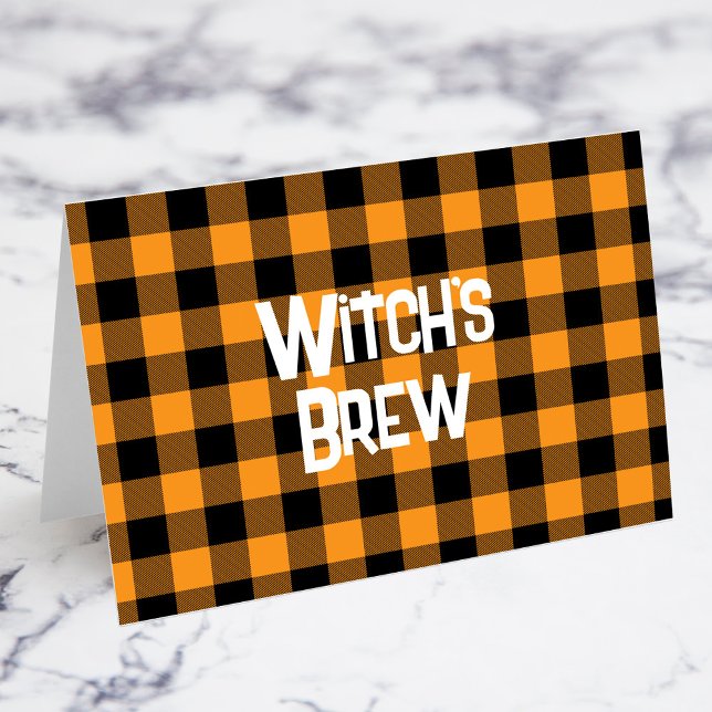 Orange and Black Buffalo Plaid Halloween Food Card (Orange and Black Buffalo Check Halloween Punch Desert or Food Table Card - You Fold Your Own Cards)
