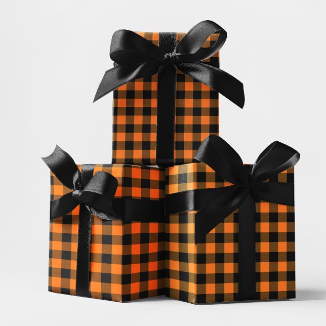 Orange and Black Buffalo Plaid Halloween Wrapping Paper Sheets (Orange and Black Buffalo Check Halloween Gift Wrap)