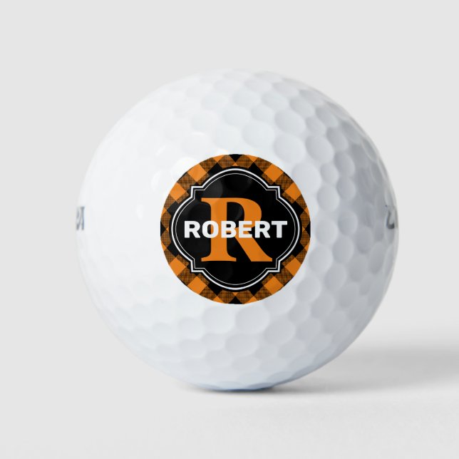 Orange and Black Buffalo Plaid Name Monogram Golf Balls (Front)