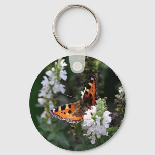 Orange and Black Butterfly on White Flowers Keychain