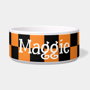 Orange and Black Checkered Halloween Pet Name Bowl
