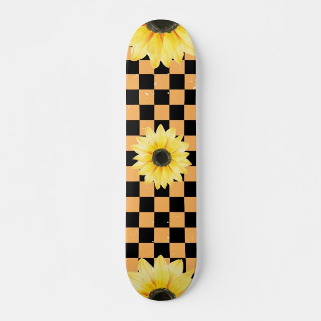 orange and black Checkered & Sunflower  Skateboard (Front)