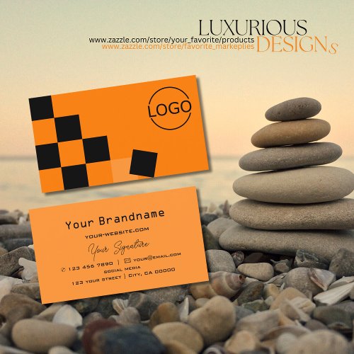 Orange and Black Chessboard Modern with Logo Chic Business Card