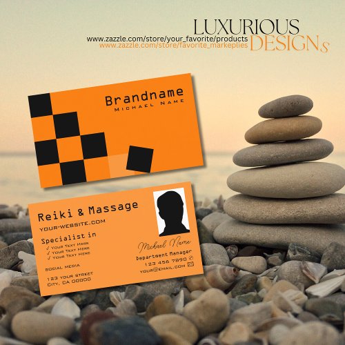 Orange and Black Chessboard Modern with Photo Chic Business Card