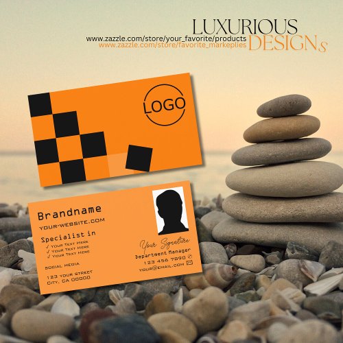 Orange and Black Chessboard with Logo  Photo Chic Business Card
