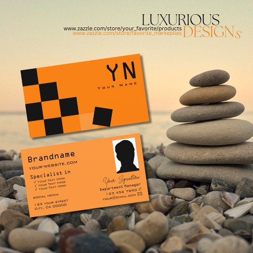 Orange and Black Chessboard with Monogram  Photo Business Card
