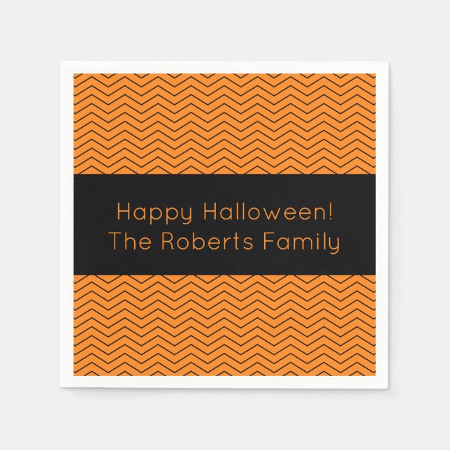 Orange and black chevron Halloween party napkins (Front)