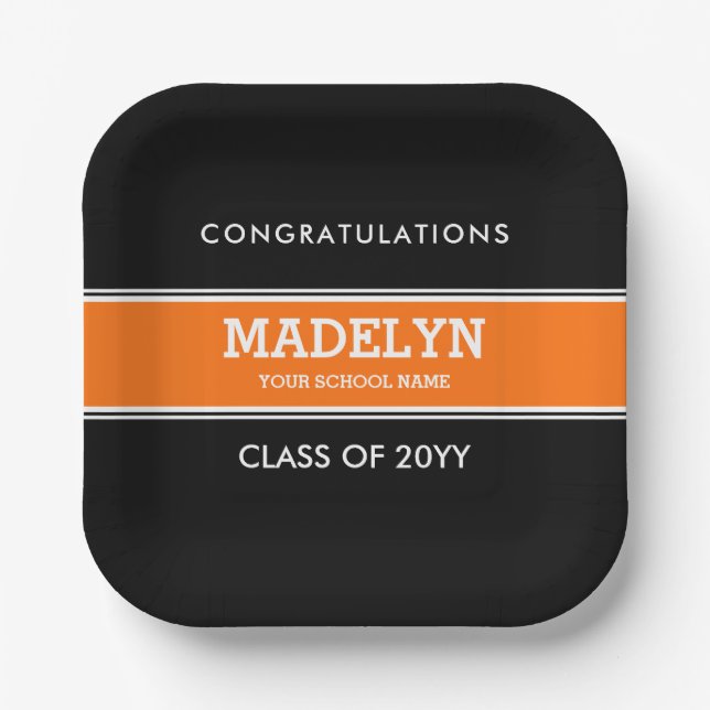 Orange and Black Custom Graduation Paper Plate (Front)
