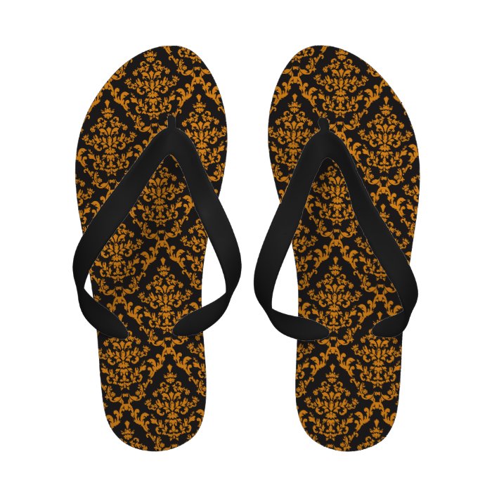 Orange And Black Damask Pattern Flip Flops